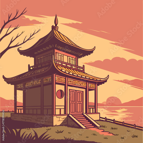 Serene asian pagoda structure with traditional architecture sits beside a tranquil lake at sunset with a stylized sky and distant mountains