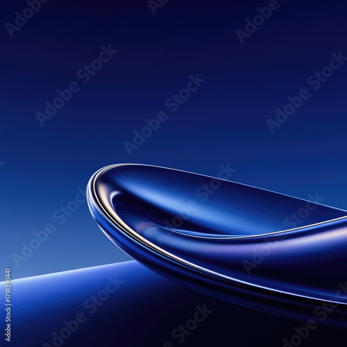 A fluid, dark blue, glossy form curves elegantly across a deep blue backdrop.