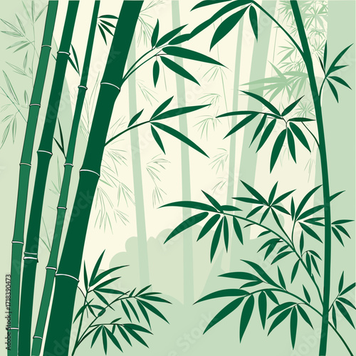 Serene green bamboo forest with tall stalks and delicate leaves creating a peaceful natural backdrop with a soft hazy atmosphere and a calming color palette