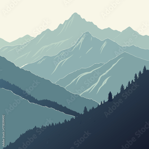 Serene mountain range landscape with layered peaks and evergreen trees in a cool blue and green color palette evoking a sense of tranquility and natural beauty