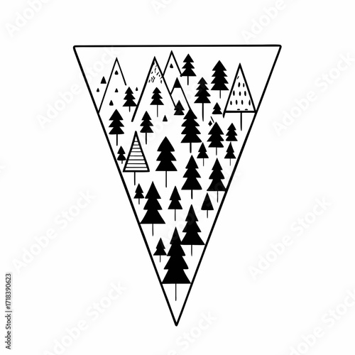 Stylized black and white geometric triangle filled with a whimsical forest of pine trees and abstract mountain peaks creating a minimalist nature scene