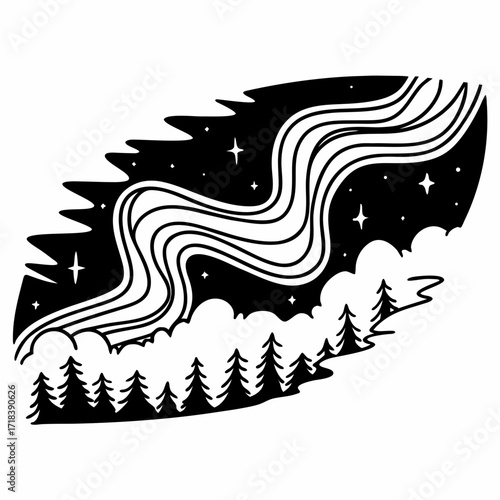 Stylized black and white illustration of a celestial aurora borealis dancing above a silhouette of pine trees and clouds under a starry night sky
