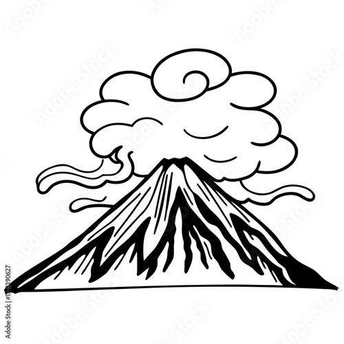 Stylized black and white illustration of a conical volcano erupting with a large cloud of smoke and ash billowing from its summit against a plain background