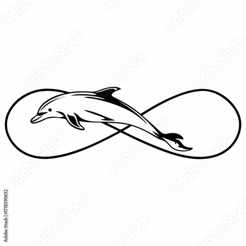 Stylized black and white illustration of a dolphin gracefully leaping through a continuous infinity loop symbol representing eternal motion and freedom