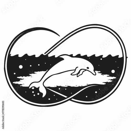 Stylized black and white illustration of a playful dolphin leaping from stylized ocean waves within an infinity symbol frame evoking freedom and eternal marine life