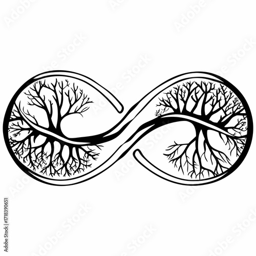 Stylized black and white illustration of an infinity symbol formed by intertwined tree branches and roots representing eternal growth connection and the cyclical nature of life