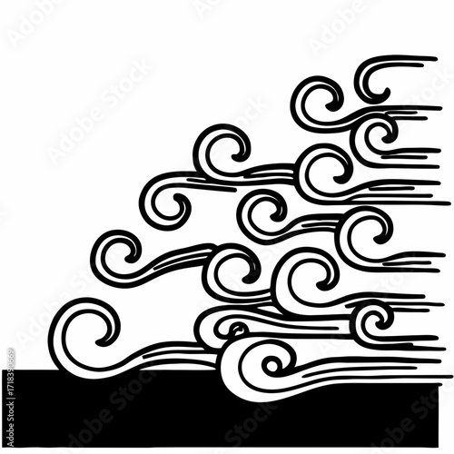 Stylized black and white illustration of swirling wind currents and gusts flowing across a dark horizontal band against a white background evoking movement and nature