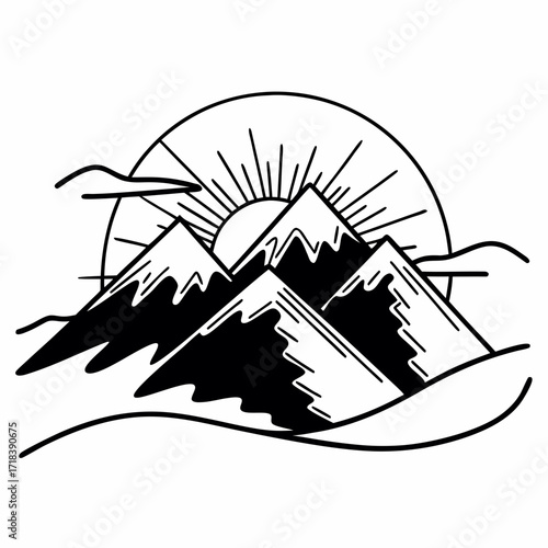 Stylized black and white line art illustration of a majestic mountain range with snow capped peaks and a radiant sun rising behind them creating a serene and adventurous landscape