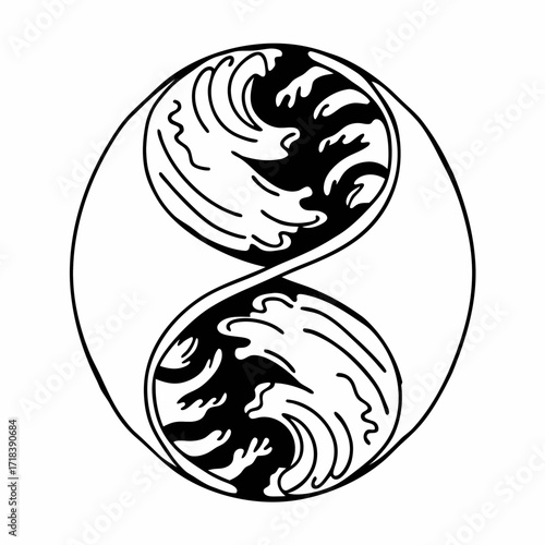 Stylized black and white yin yang symbol featuring crashing ocean waves in each half representing balance harmony and the duality of nature and opposing forces