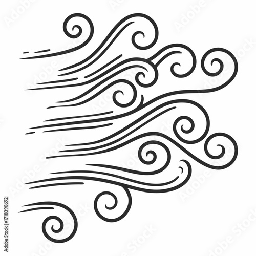 Stylized black ink drawing of swirling wind currents and flowing lines creating a sense of movement and air flow against a clean white background