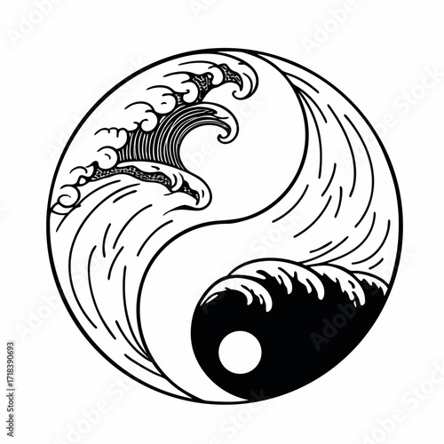 Stylized black and white yin yang symbol featuring dynamic ocean waves representing balance and harmony in nature and life
