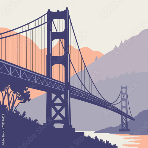 Stylized illustration of the iconic golden gate bridge spanning across a body of water with rolling hills and trees in the background under a soft pastel sky