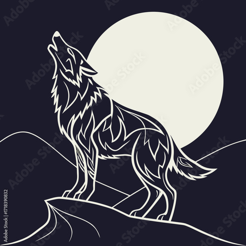 Stylized white wolf howling at a large pale moon on a dark night with rolling hills and a minimalist artistic design creating a striking silhouette