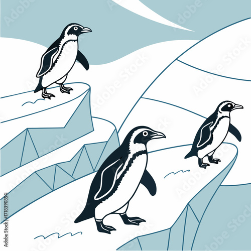 Three charming penguins stand on icy cliffs under a pale blue sky their black and white plumage contrasting with the cool abstract landscape evoking a sense of polar exploration and wildlife