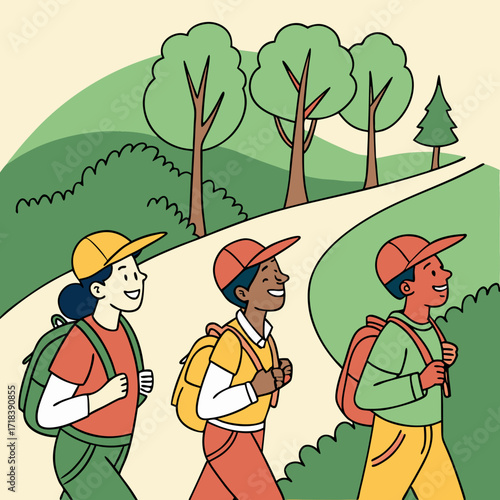 Three diverse children with backpacks and hats happily hiking on a scenic nature trail surrounded by lush green trees and rolling hills on a bright sunny day
