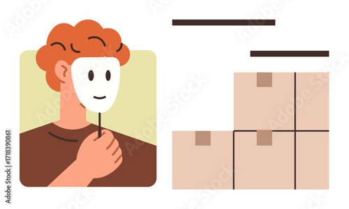 Person holding smiling mask as expression of identity, facade, or emotions. Stacked boxes suggest themes of decisions, organization, storage, or transition. Ideal for identity, choices psychology