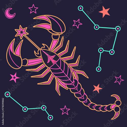 Stylized neon pink and orange scorpion constellation graphic art with stars and moon on a dark purple background representing the zodiac sign scorpio perfect for astrology and cosmic themes