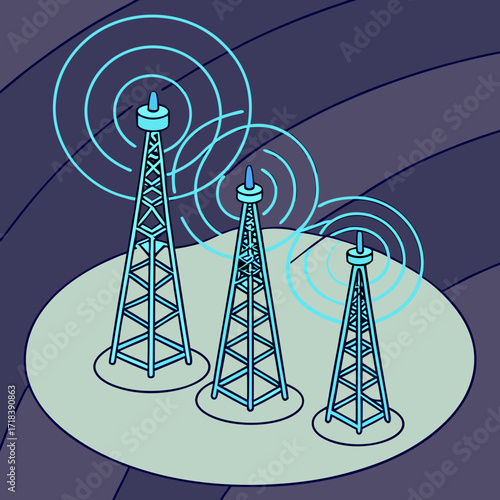 Three communication towers emitting radio waves in a stylized graphic representation of wireless signal transmission and network connectivity across a landscape