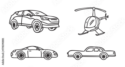 Set of transport retro car sedan crossover helicopter, hand drawn doodle, line art, monochrome, hand drawn