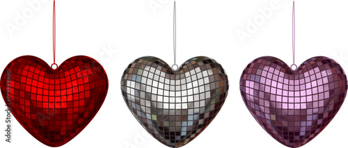isolated christmas decorations. red, silver and pink heart shaped disco balls. christmas ornaments.