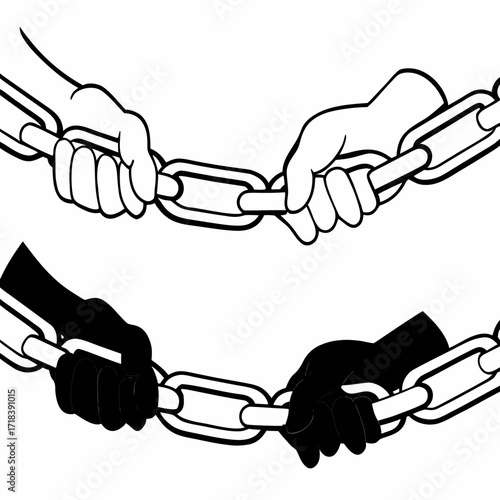 Two pairs of hands one outlined in white and the other a black silhouette firmly grasp a metal chain symbolizing connection unity and shared struggle or strength