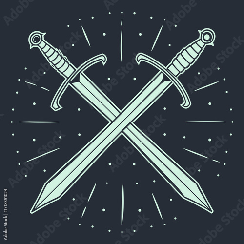 Two stylized medieval swords crossed in an x shape with radiating lines and dots against a dark background symbolizing conflict battle or a heraldic emblem