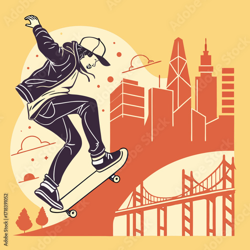 Urban skater performing a trick against a backdrop of a stylized city skyline and iconic bridge embodying youth culture and dynamic movement