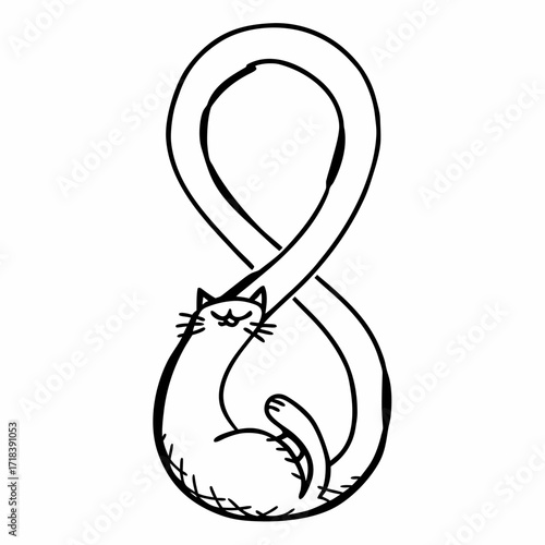 Whimsical black and white line art illustration of a contented cat curled up within the loops of an infinity symbol conveying a sense of endless comfort and playful charm
