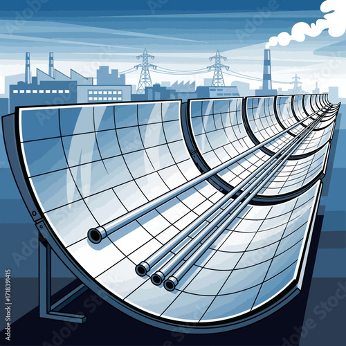 Explore renewable energy solutions with this parabolic trough solar power plant illustration for sustainable technologies and infrastructure developments