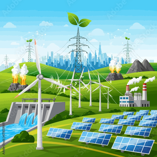 Sustainable energy landscape promoting green solutions for a cleaner future with wind turbines, solar panels, and hydroelectric power showcasing eco-friendly innovation