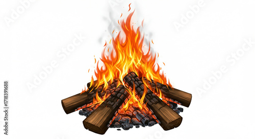 Fiery Campfire Illustration: Realistic Burning Wood and Embers for Design Projects, Website Banners, and Game Assets. This high-resolution image depicts a vibrant and detailed campfire with realist...