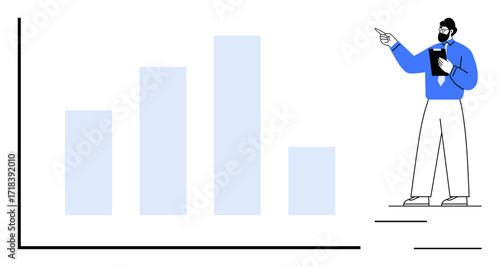 Man with clipboard presenting insights from a bar graph. Ideal for business growth, analysis, performance metrics, management, planning, strategy, education. Flat simple metaphor