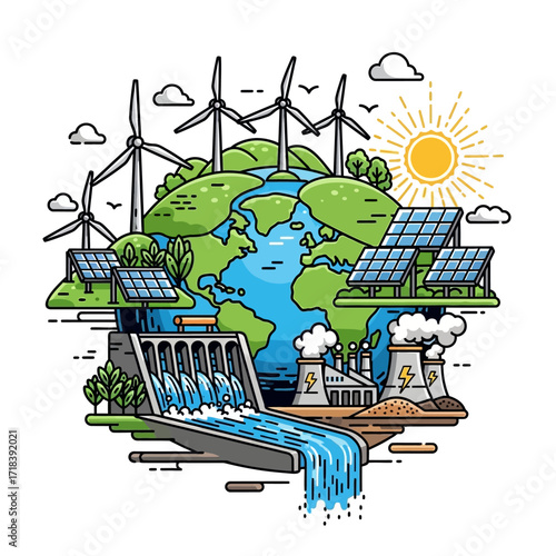 Visualize a vibrant eco-friendly future with clean energy sources like wind turbines, solar panels, and hydroelectric power for a sustainable planet