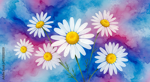Colorful watercolor daisies for girls on a bright abstract background