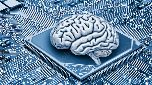 Human brain placed on a computer circuit board, symbolizing artificial intelligence and neural technology