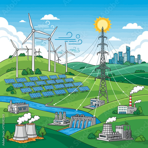 Sustainable energy landscape showcasing solar panels, wind turbines, and hydroelectric power creating a vibrant, eco-friendly future for a modern city