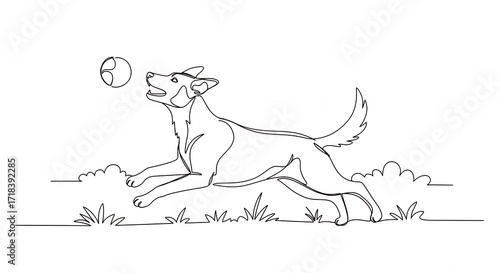 Dog playing fetch line drawing