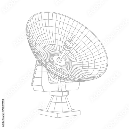 Satellite dish antenna wireframe on white background for global communication, science, technology, astronomy, radio telescope, and space exploration