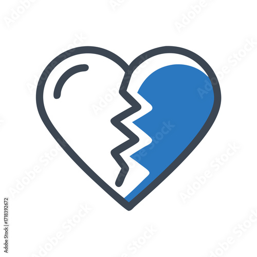 Broken heart symbol in blue and white colors with a diagonal split  