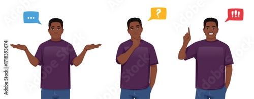 Portrait of young African American man poses wearing casual clothes confusing, thinking and making idea pointing up isolated on white background vector illustration