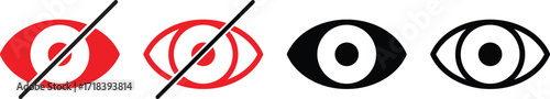 See and unsee eye icon. Eyesight symbol. Retina scan eye signs. Privacy and block flat or line vector collection. different eye shapes are shown in red and black
