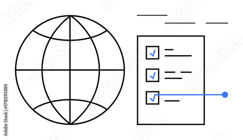 Globe outline beside a checklist with marked completed tasks and linked data points. Ideal for global planning, collaboration, strategy, organization, task management, progress tracking, digital