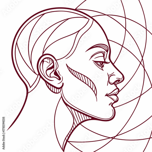 Vector art of an abstract line art portrait of a womans profile, featuring geometric shapes and flowing lines that create a modern and artistic representation of the human face