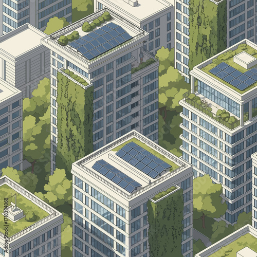 Eco-friendly city living with modern apartments, green walls, and rooftop solar panels showcasing sustainable urban design and renewable energy solutions