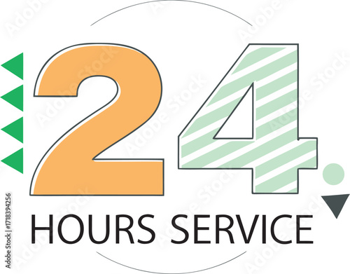 24 hours service symbol with orange and green numbers and text