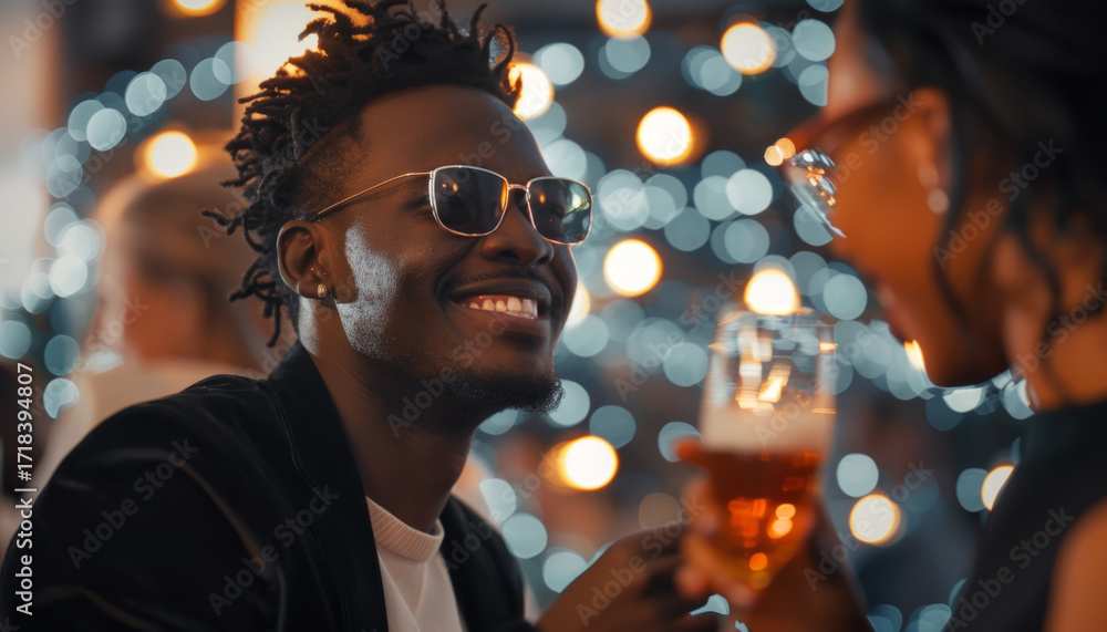 Obraz premium Happy couple at a party of cheerful friends in a nightclub with alcoholic drinks. 