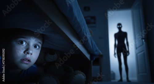 Scared boy under bed during nighttime scary stories, looking terrified by silhouette of alien in doorway. Boy is frightened by nighttime scary stories, his fear vividly captured as an intruder looms.