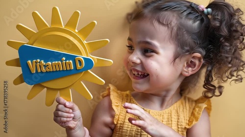 Happy little girl holding a sun-shaped poster with the inscription vitamin D