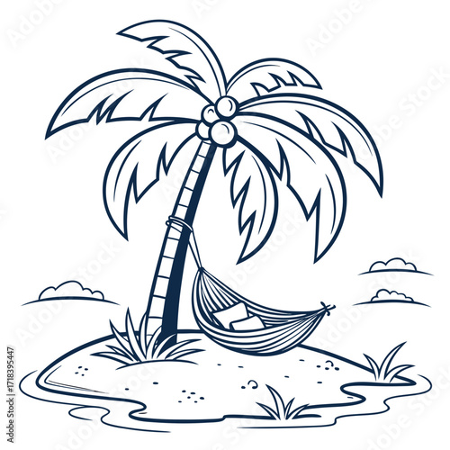 Illustration of a tropical island with a palm tree and a hammock, evoking a sense of relaxation and escape the scene is simple, with a focus on the natural elements and the tranquility of island life