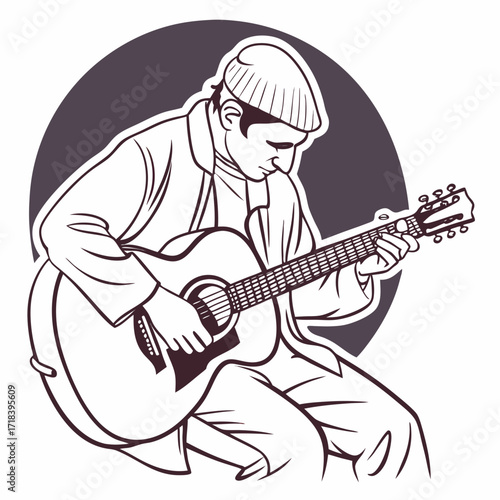 Vector art of a street musician playing guitar with passion and soul, creating a captivating melody in the urban environment